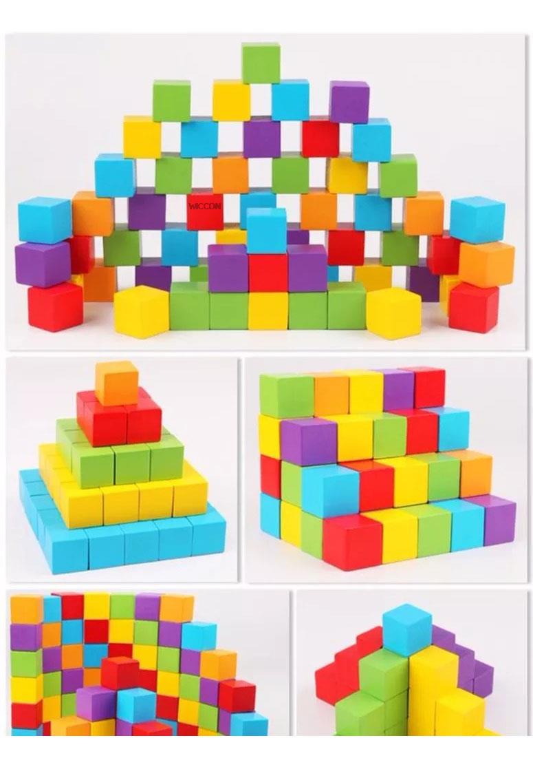 Colorful Wooden Cubes Building Blocks Toy Baby Color and Geometric Shape Wood Educational Toys for Chil