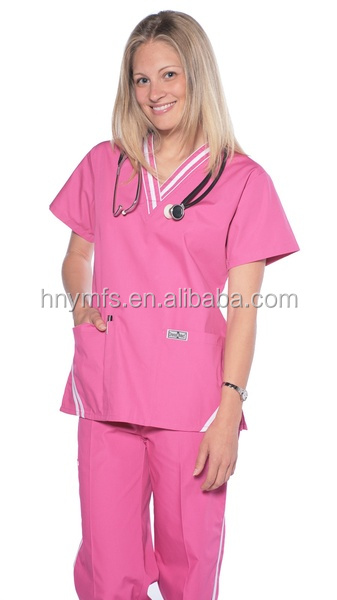 Short Sleeve Solid Color Stylish Nursing Scrubs 65% Cotton 35% Polyester