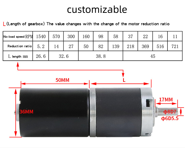 Low Rpm Dc Planetary Gear Motor 36mm 12v 24v Black High Torque