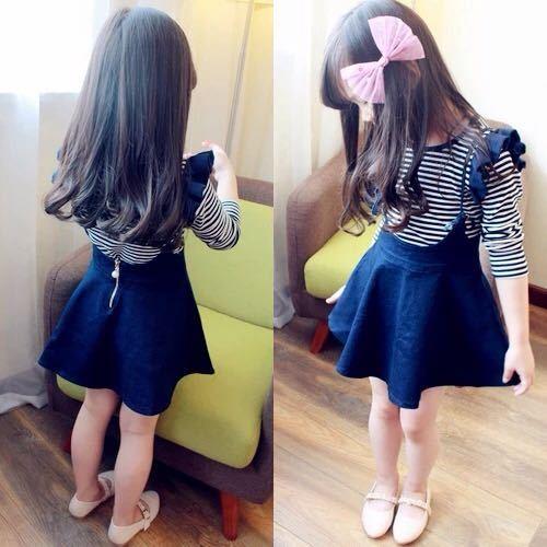2016 Fashion Girl Colorful Kid's Dress long sleeve Blue and White Stripe Dancing