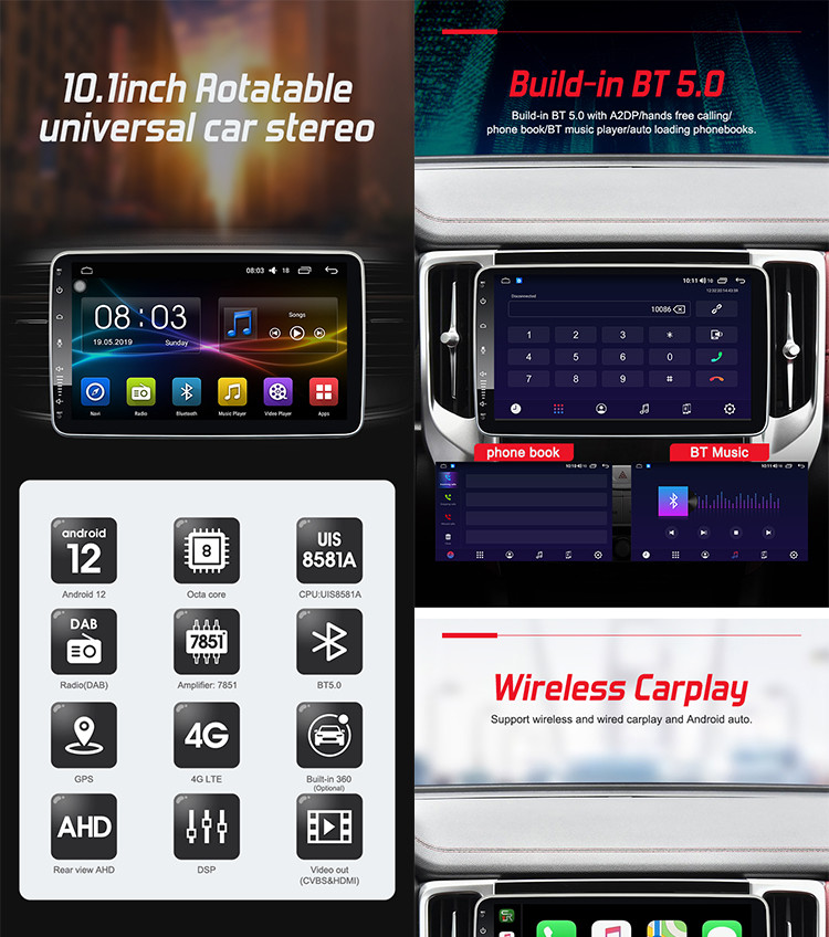 Rotatable Universal Car Stereo 10.1 Inch 2 Din Adjustable With Wireless CarPlay
