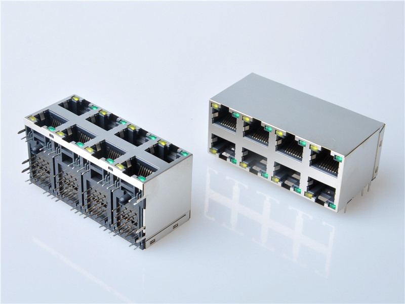 Shielded RJ45 Modular Jack Connector, Through Hole Type, Side Entry, with LED, 2x4 Ports，HULYN，RJ45