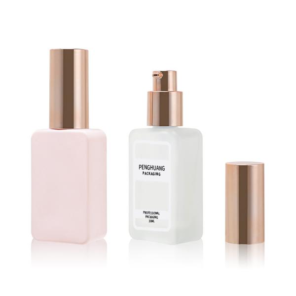 Custom pink 35ml glass foundation bottle wholesale gold lotion pump square skin