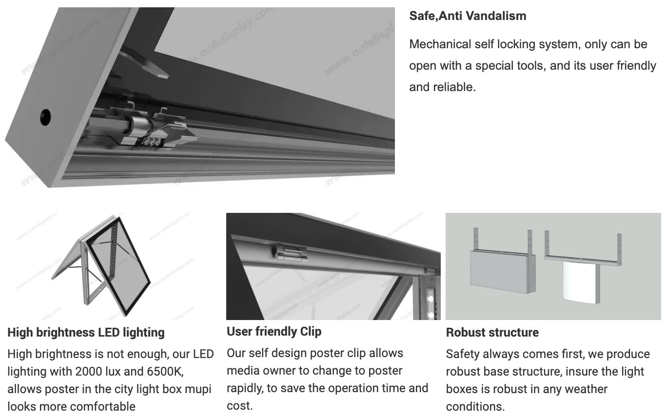 Aluminum Alloy IP55 Scrolling Poster Display Mupi Light Box Floor Standing
