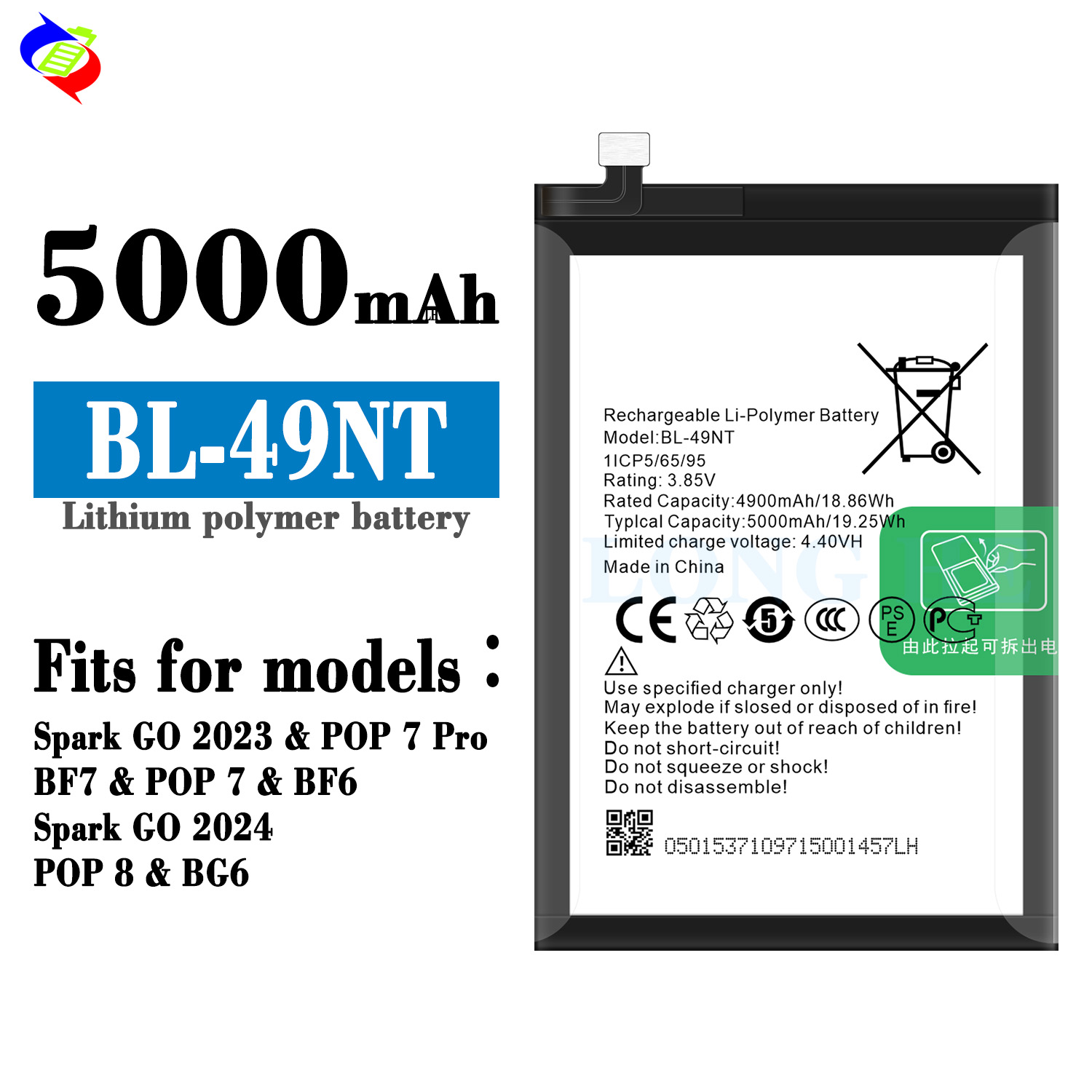tecno Spark GO 2023 POP 7 PRO Mobile Phone Battery AAA BL-49NT Rechargeable Lithium