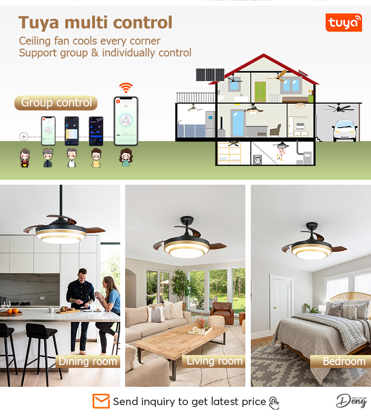 Gold Decorative Retractable Ceiling Fan with DC Motor and Lighting Solutions Service
