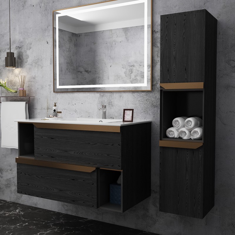 Wood Grain Stainless Steel Bathroom Vanity With Integrated Storage And Open Shelf Design