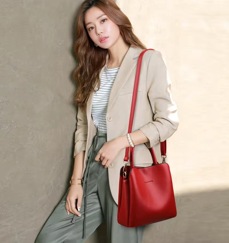Medium Size Women's Leather Handbag Designer Shoulder Bag with Geometric Pattern