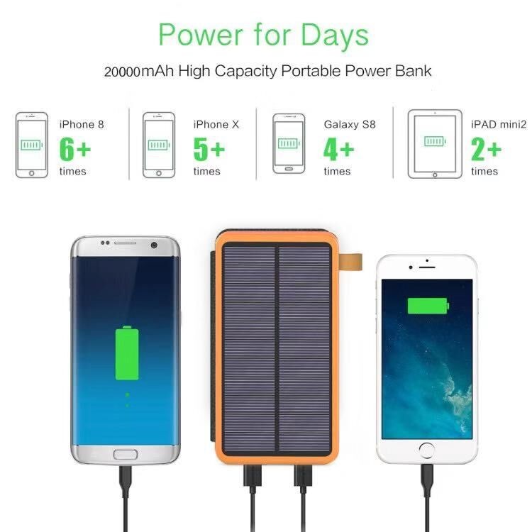 Water Proof Travel Solar Power Bank 20000mah Solar Charger For Mobile Phone