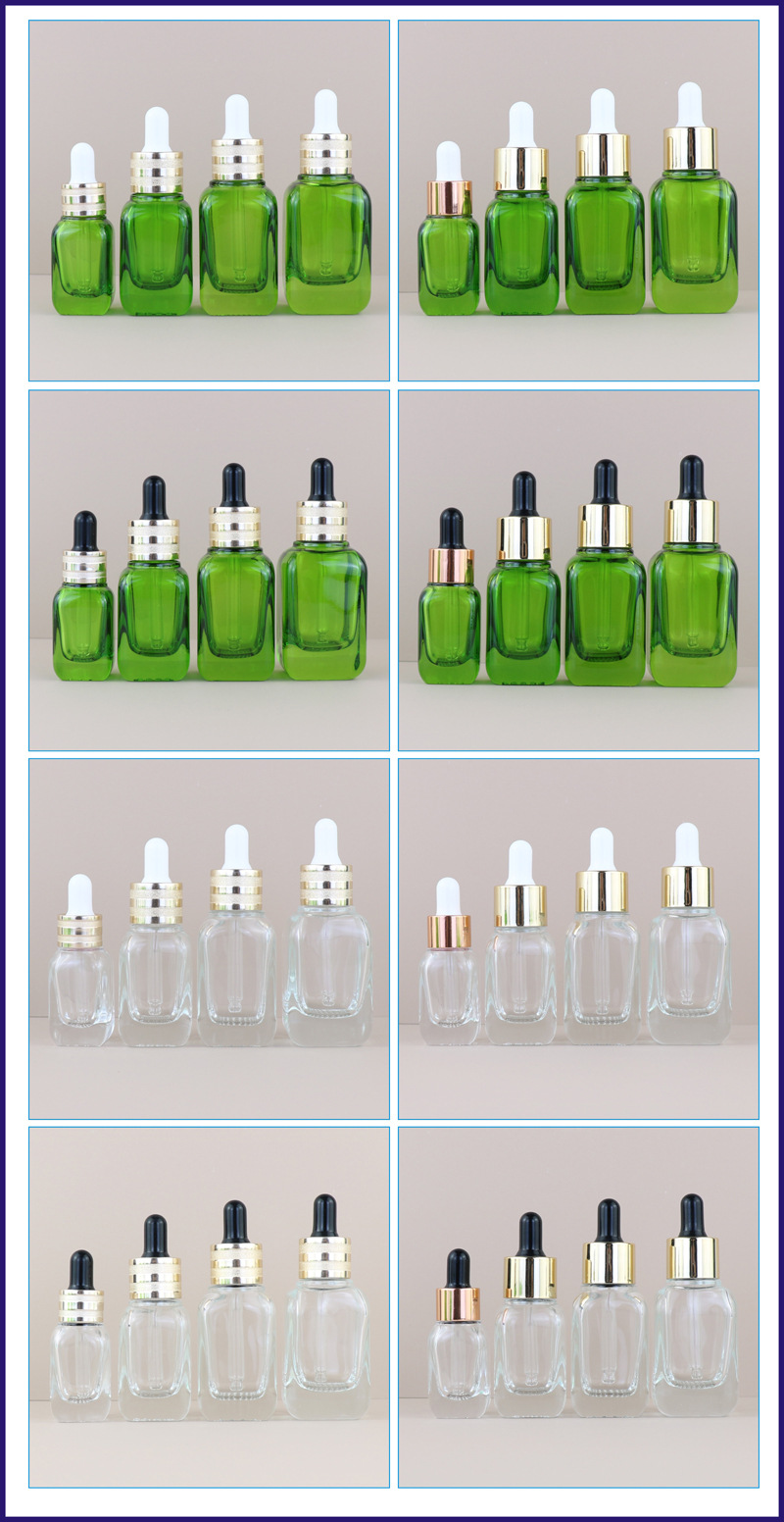 15ml 30ml 50ml Unique Green Square Glass Bottle Cosmetic Oil Glass Dropper Bottles Sealing Type Dropper Industrial Cosmetic