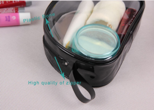 Customized Black Clear PVC Bag , Ladies Toiletry Bag With Handle