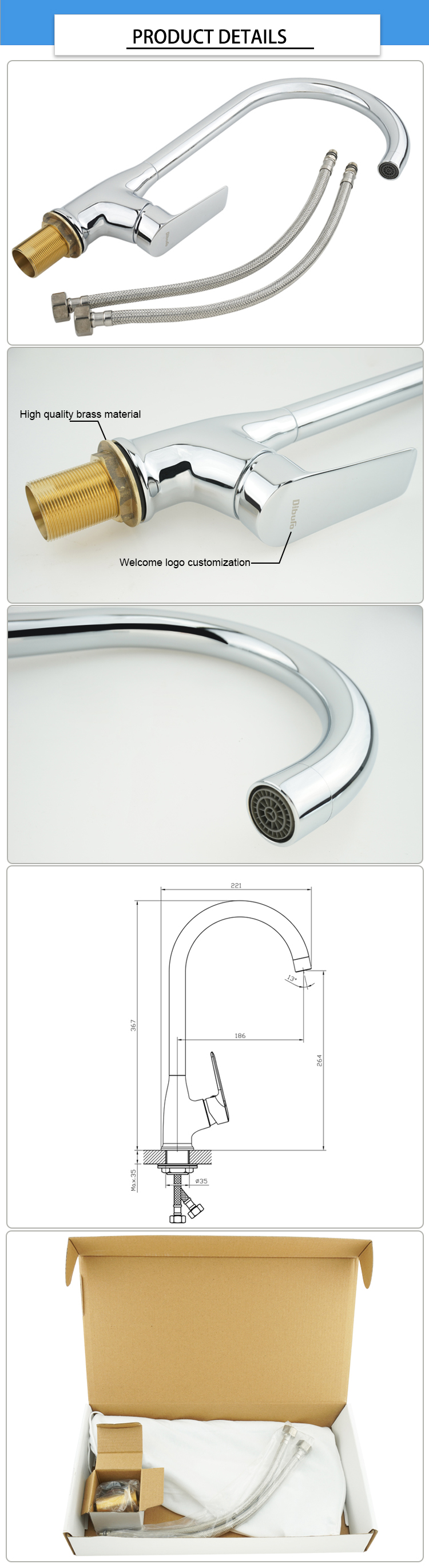 SUS304 Braided Hose Rustproof 35mm Kitchen Water Faucet