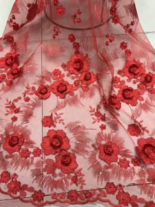China Red 3D Flower Embroidered Tulle Lace Fabric / Wedding Dresses Sequins Beaded Lace on sale