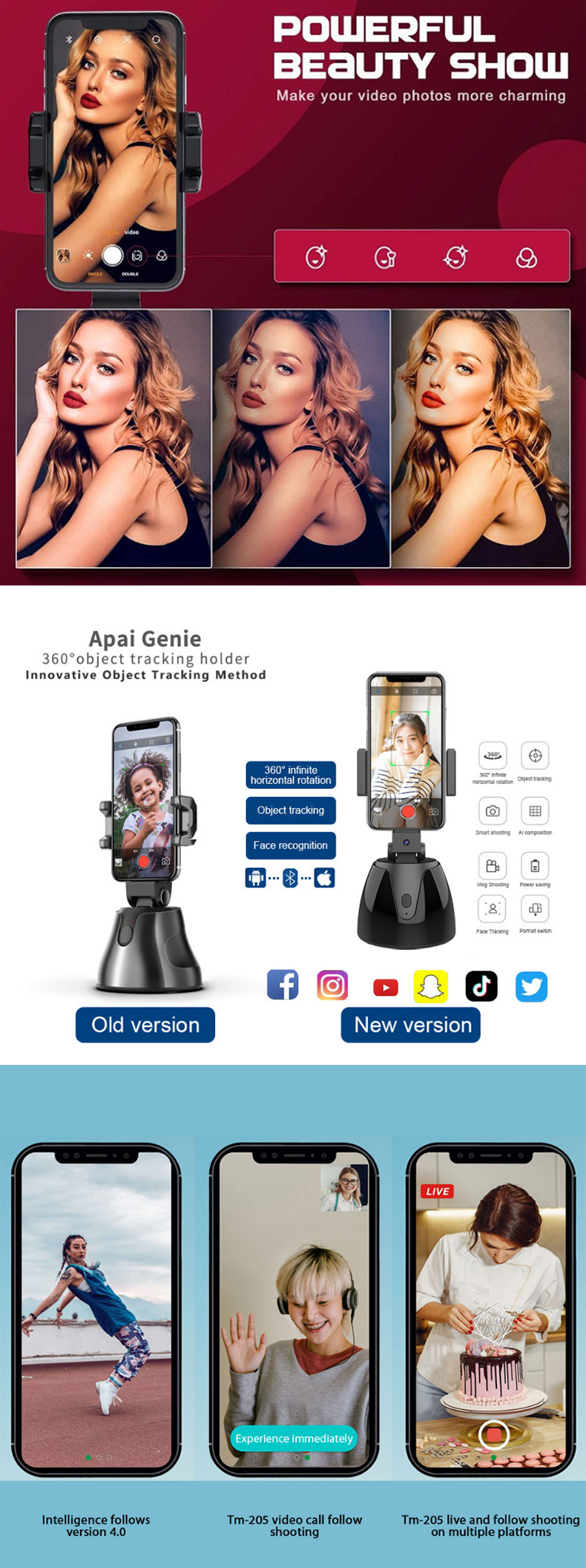smart Shooting Phone Holder 360 Degree Rotation Auto Face Object Tracking Selfie Stick