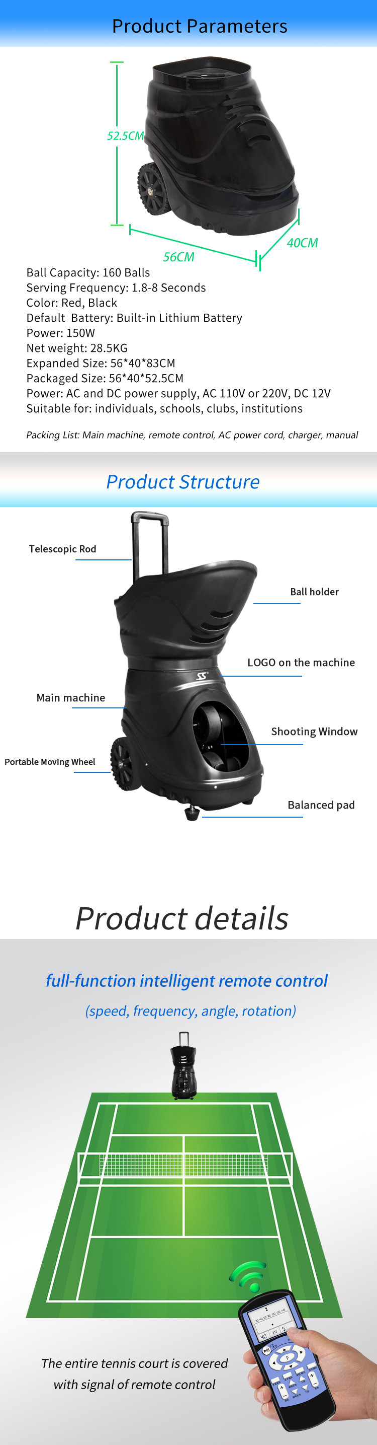 Portable Tennis Ball Shooting Machine Internal Battery For 4-5 Hours’Training