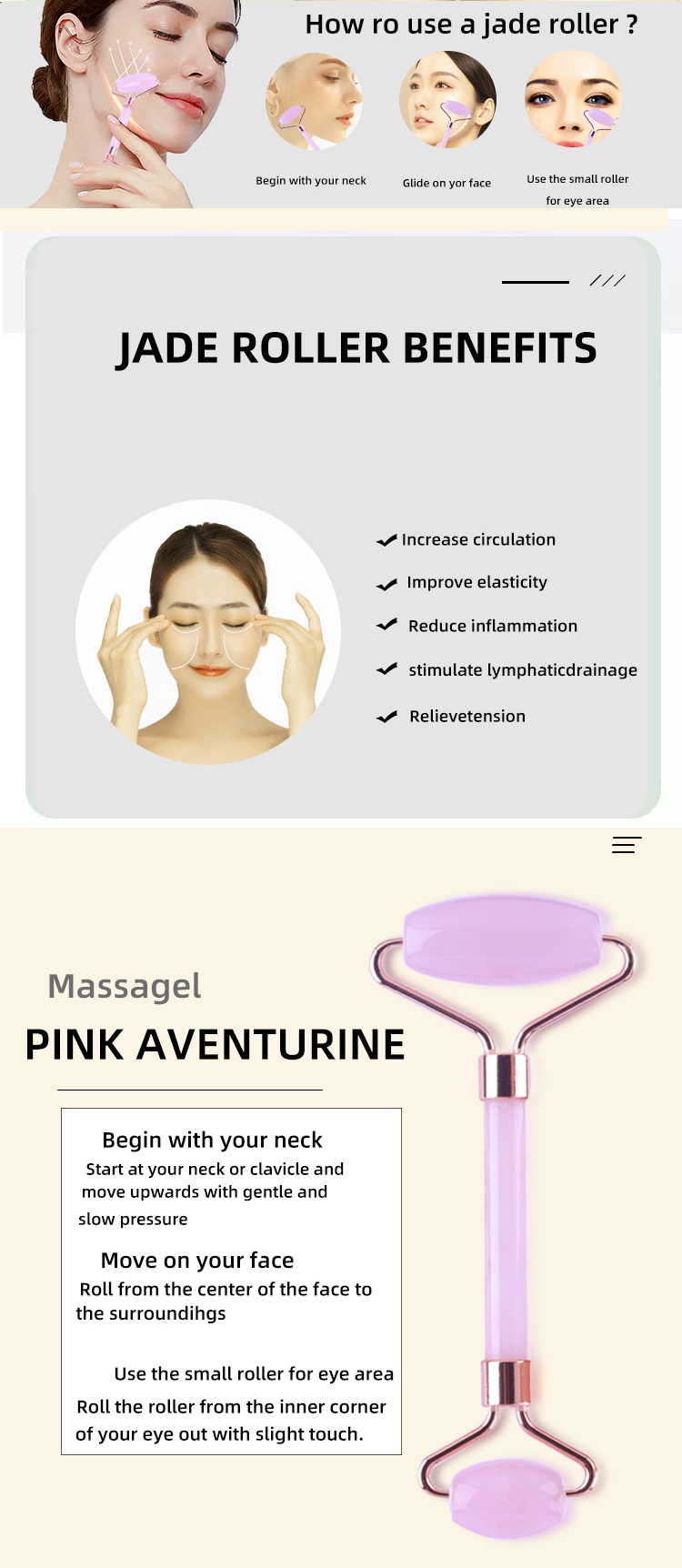 56g Rose Quartz Facial Roller , Jade Massage Roller For Face Massage