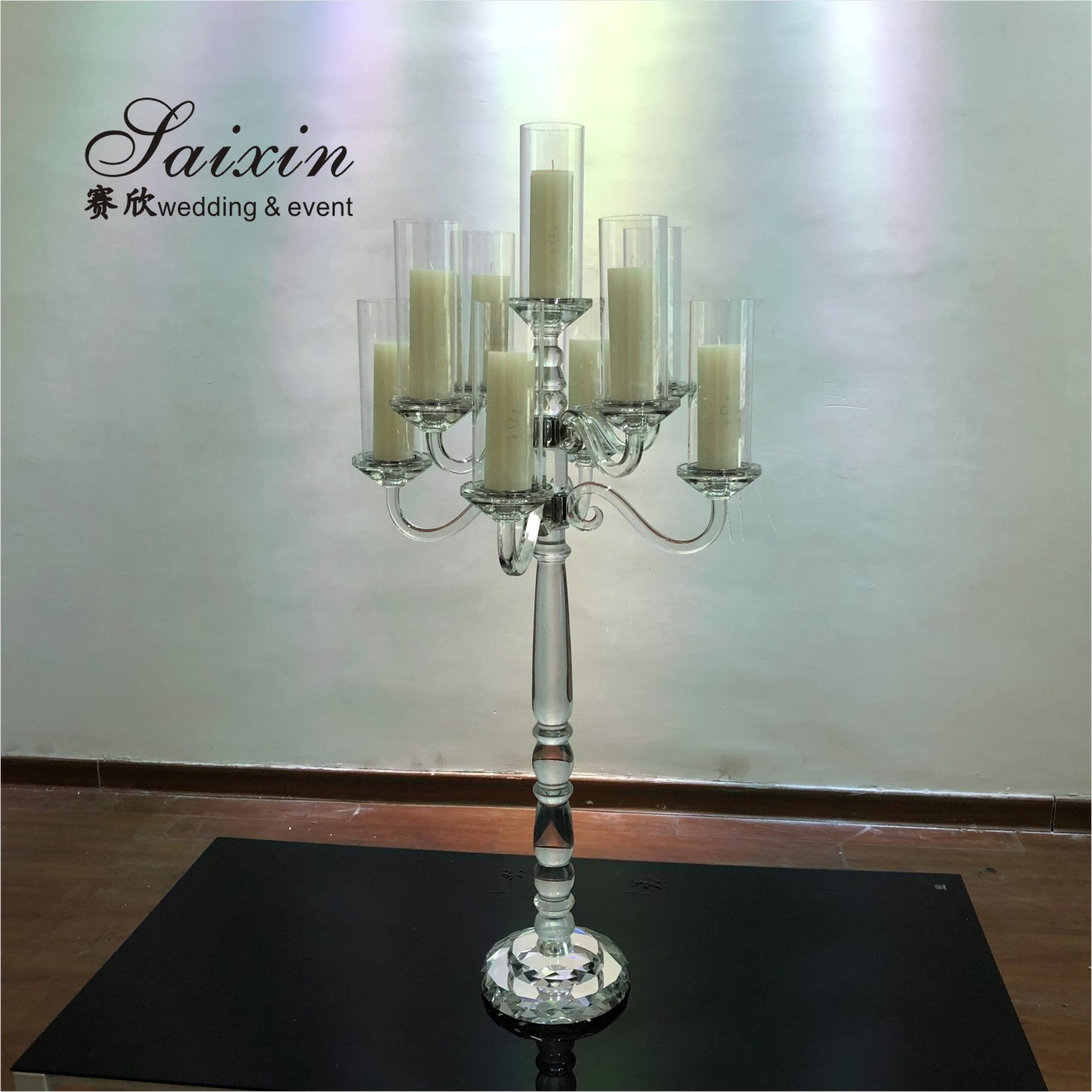 Hot sale 9 arms clear crystal votive candelabra for wedding table