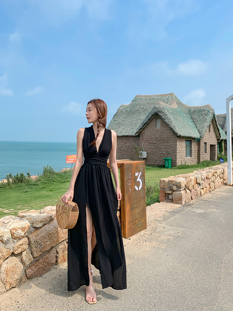 Backless Tie 136cm Black Chiffon Beach Dress V Neck Halter Strap Split