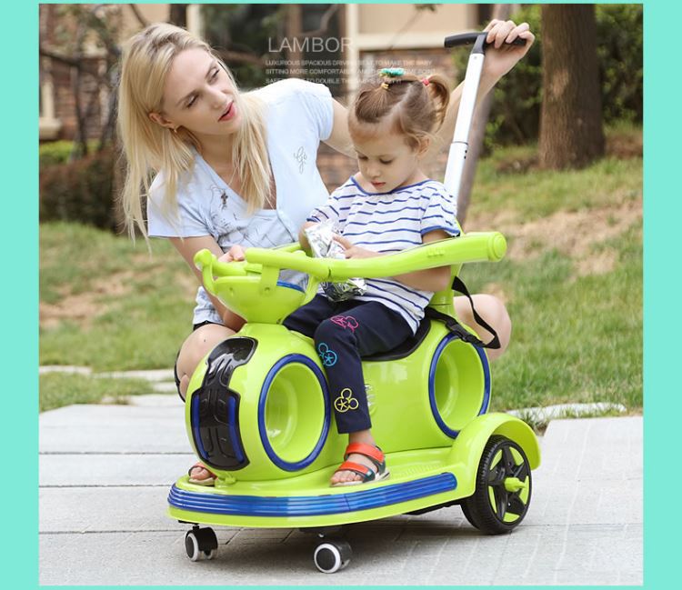 Children's Ride On Electric Car with Retractable Push Handle and Colorful Lights