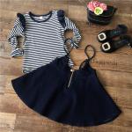 2016 Fashion Girl Colorful Kid's Dress long sleeve Blue and White Stripe Dancing