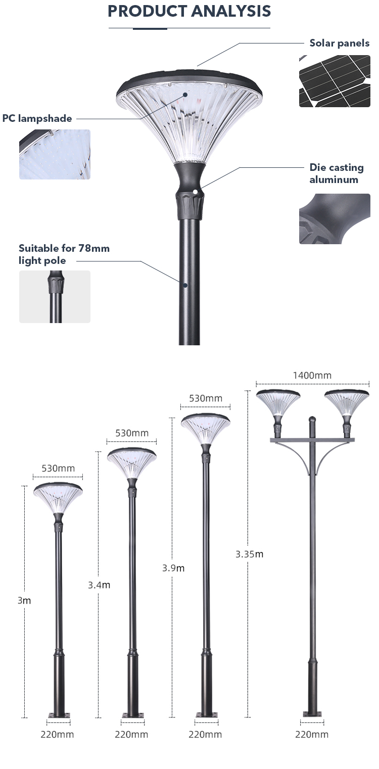 Diamond Shape Garden Solar Pole Light IP65 Weather Resistant For Patio Coutyard Park