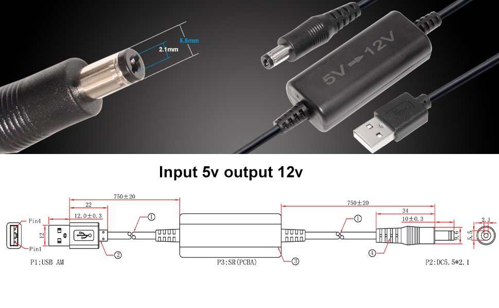 USB 2.0 Connector to DC Jack Male Buck DC Power 5V to 12V Step Up Converter Cable Set