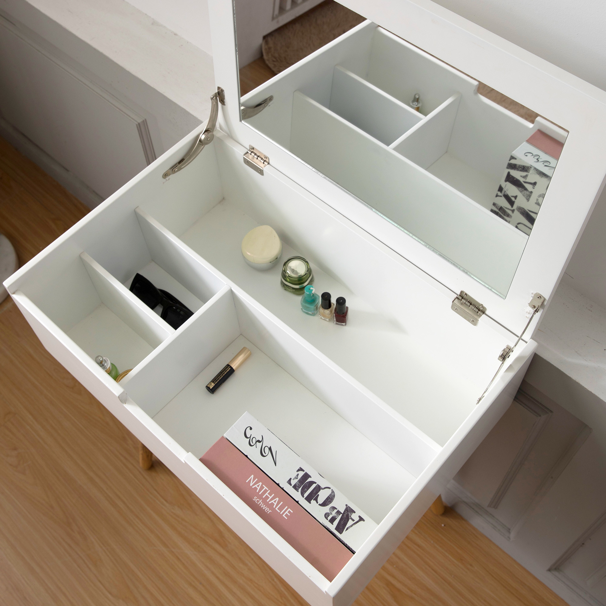 Brown White Wooden Dressing Table With Mirror Large Capacity Luxury For Bedroom Home