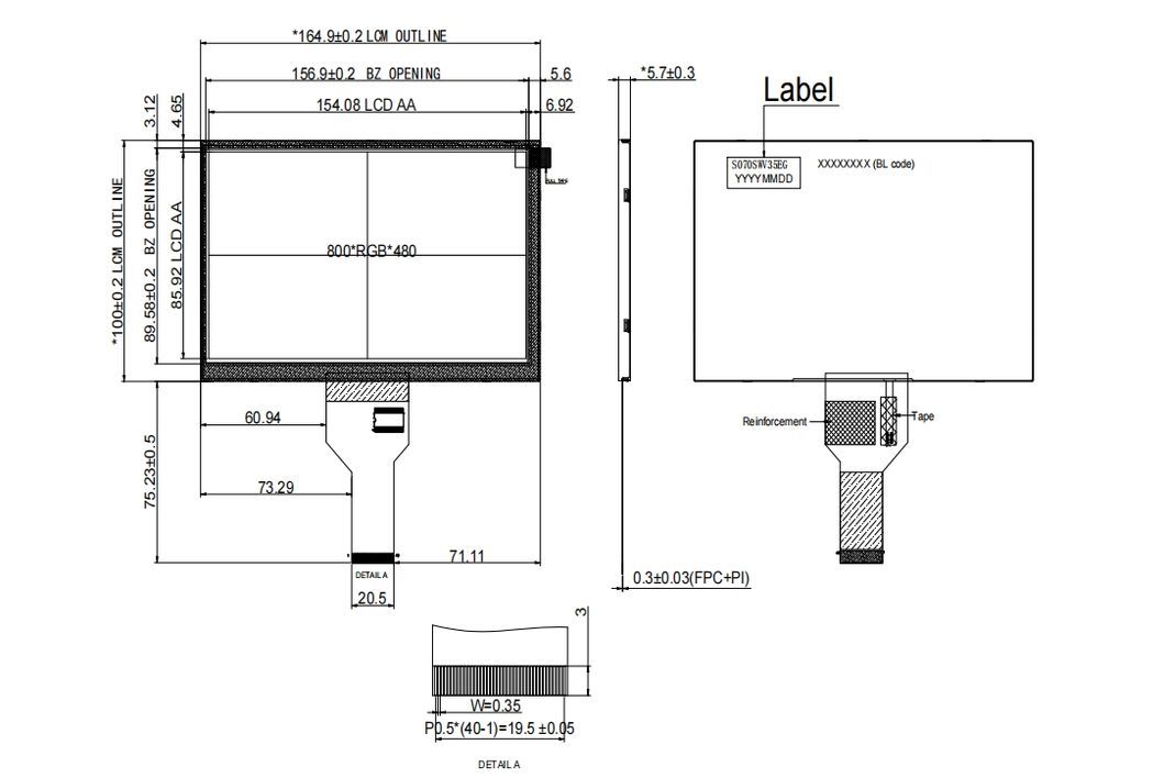 7.0&quot; 800X480 TFT LCD display with CTP support RGB Resolution 800(RGB)X480 Dots Interface RGB 24bit Luminance 300 nits Viewing Angle 12 O&prime;clock OD Size(mm) 164.9