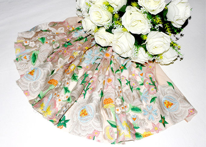 Polyester Multi Colored Dress Lace Fabric With Heavy Embroidery By OEKO TEX 100