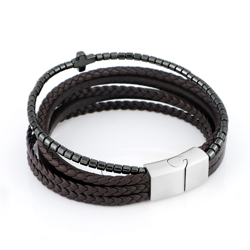 New Stainless Steel Leather Men's Leather Bracelet, European and American Trendy Personalized Versatile Bracelet