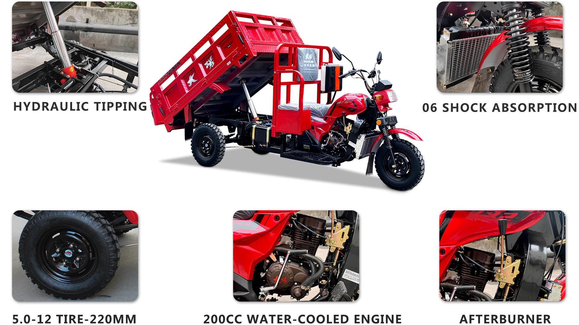 Maximum Speed 50-70Km/h High Cargo Side Adult Recumbent Tricycle 200cc Tipper Motorized