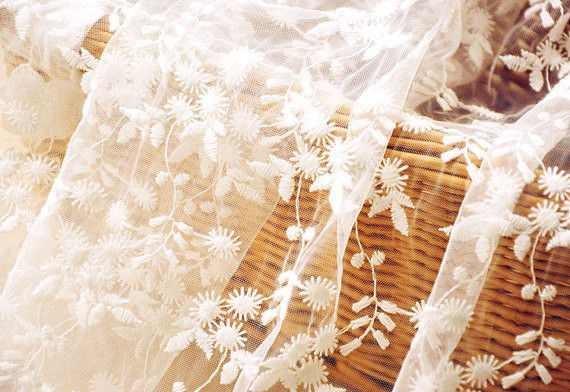 White Flower Embroidered Nylon Mesh Lace Fabric , Wedding Bridal Dress Lace