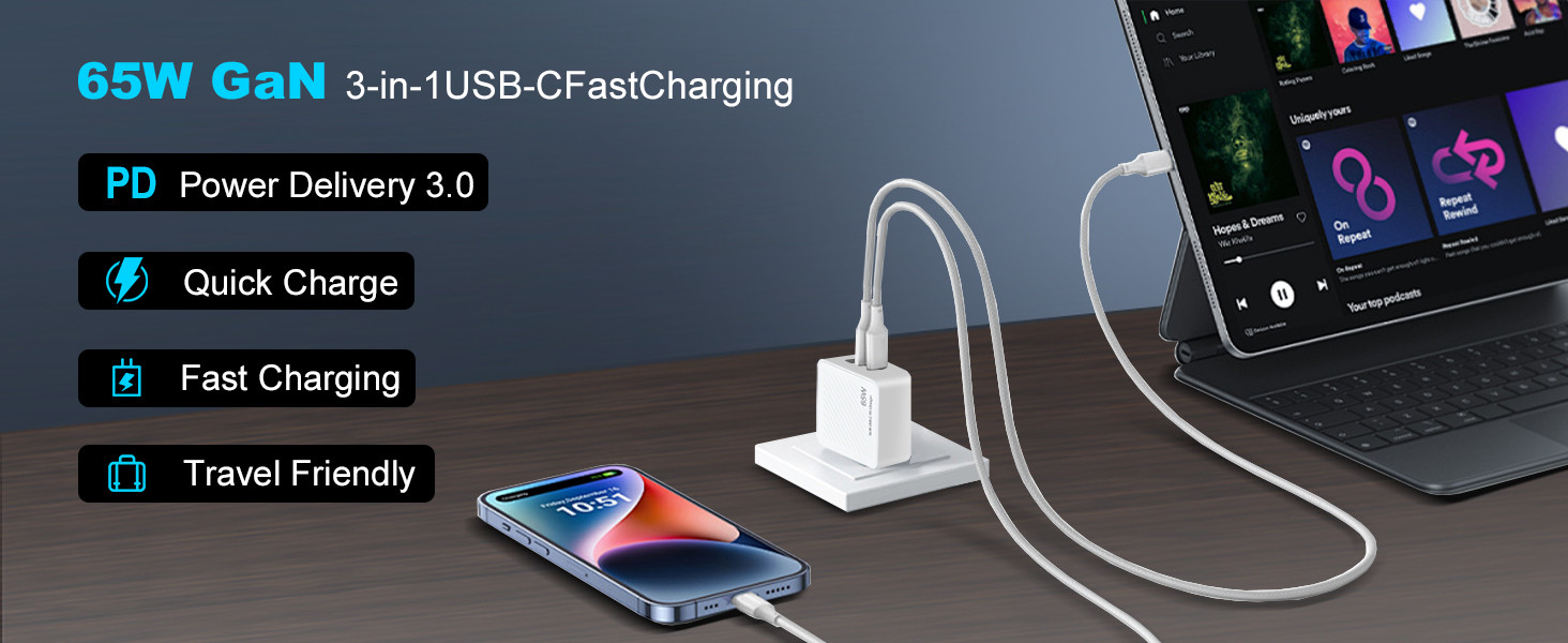 65W USB C 3 Port GaN Fast Charger Block Multi Port USB C Wall Charger For MacBook