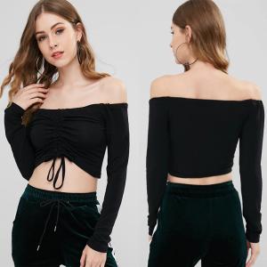 Wholesale Women Off Shoulder And Long Sleeve Drawstring Front Crop T-shirt from china suppliers