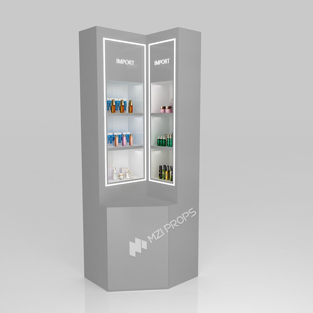 Perfume Display Showcase Grey Wooden Skincare Cabinet With Light Box For Space-Saving Store Table And Fashion-Forward Display Furniture