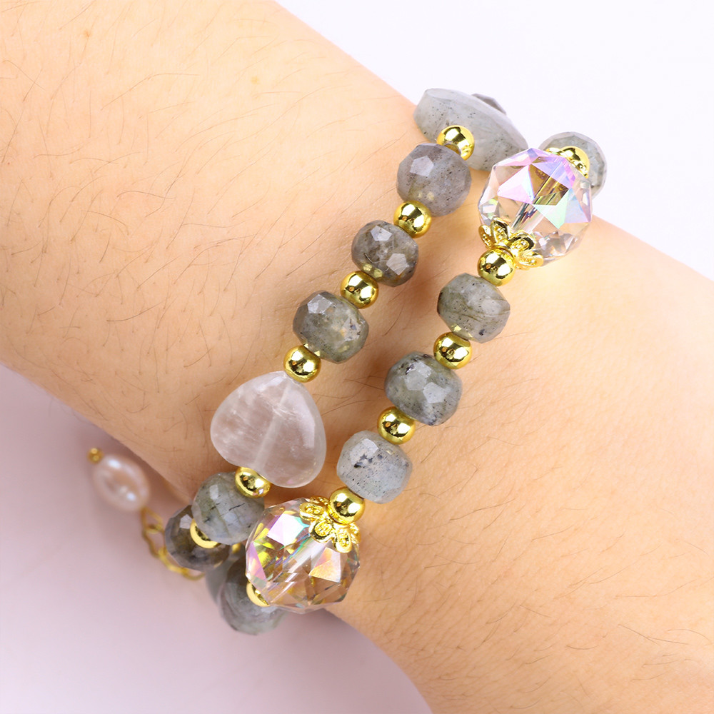 Multifacted 7MM Labradorite And Fresh Water Pearl Handmade Gemstone Purple Bear Charm Bead Bracelet