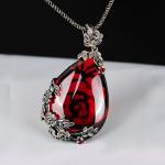 Vintage Jewelry 925 Silver Marcasite Drop Created Garnet Pendant Necklace 18