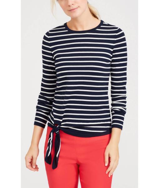 WOMEN'S 54% COTTON/44% MODAL/2% SPANDEX PULLOVER KNITTED STRIPE SWEATER WITH TIE
