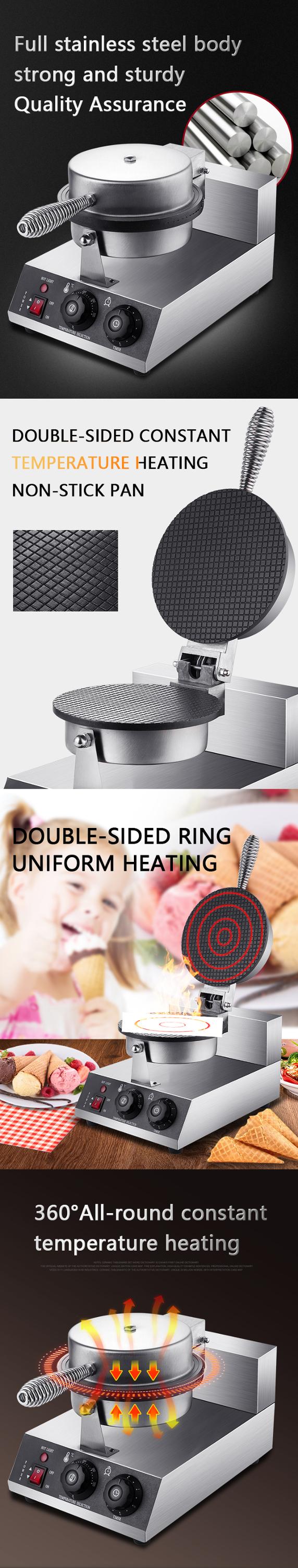 CE Certified Electric Stainless Steel Waffle Baker Machine for Ice Cream Waffle Cones