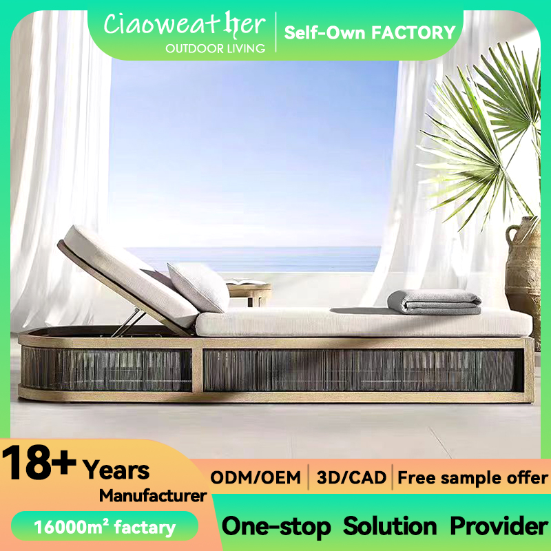 Outdoor Teak Wood Furniture Modern Design Garden Recliner Solid Wooden Teak Lounge Chaise Single Sun Bed