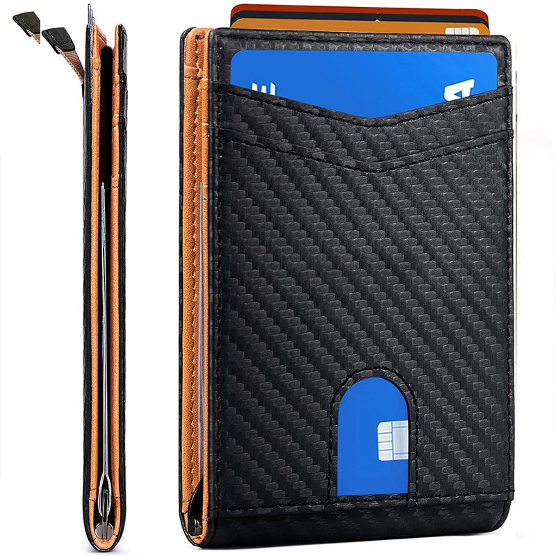 Custom 9 Slots RFID Blocking Carbon Fiber Leather Money Slip Wallet Fashionable Style