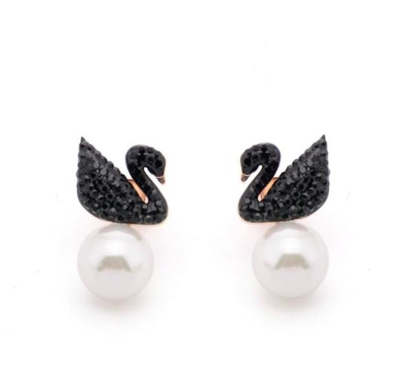 Elegant Pearl Drop Earrings for Women Jewelry, Black Diamond Swan Stud Design