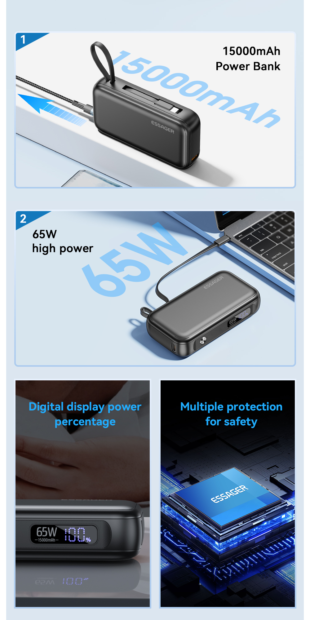 LED Digital Display PD 65W Cell Phone Power Bank 15000mAh Fast Battery Storage