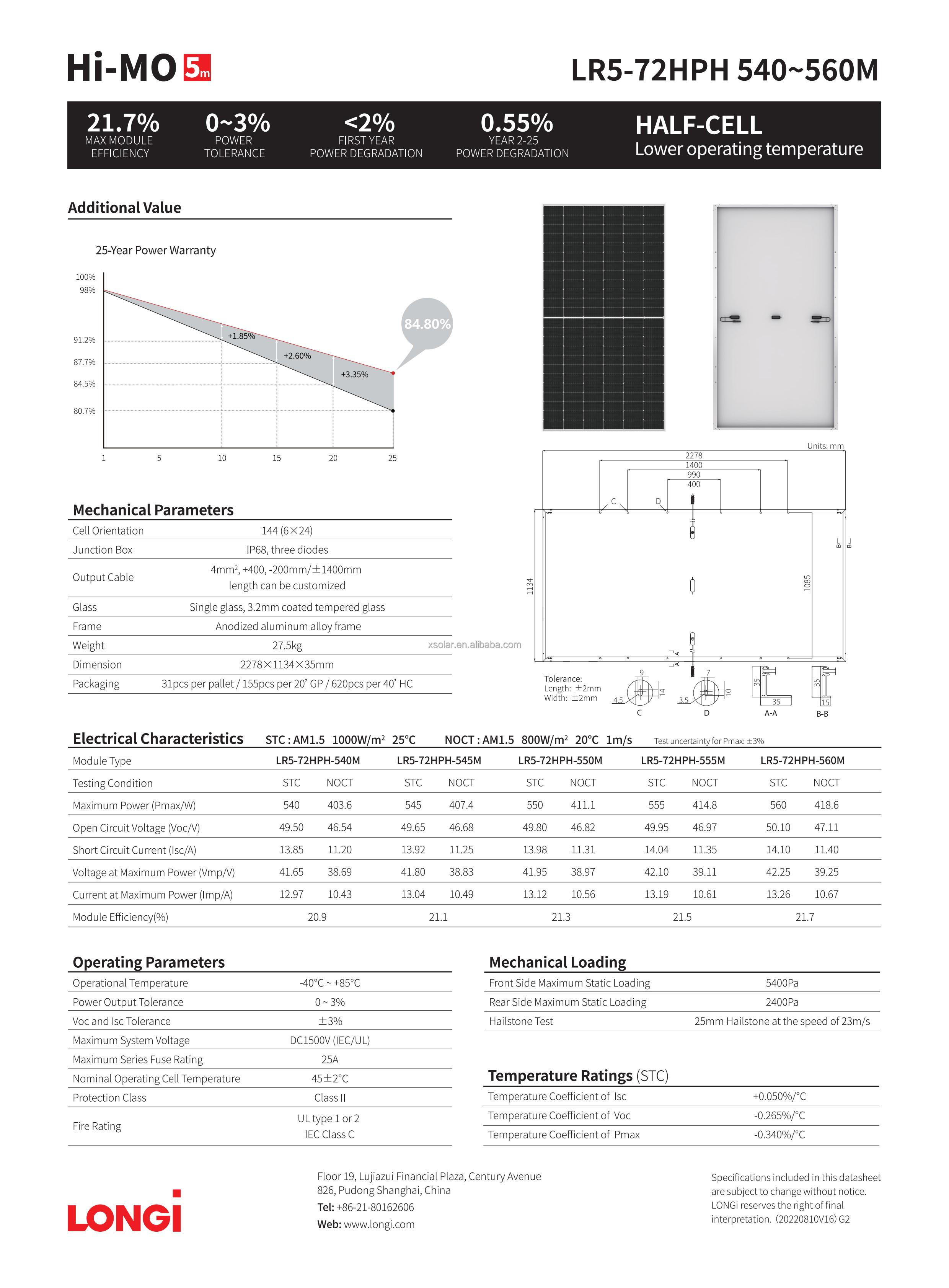 540-560M 540w 550w 560w Mono Longi Monocrystalline Silicon Solar Panel for Solar System