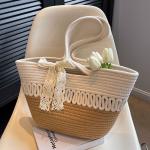 Straw Tote Bag for Women Handwoven Cotton Straw Shoulder Bag Crochet Tassel