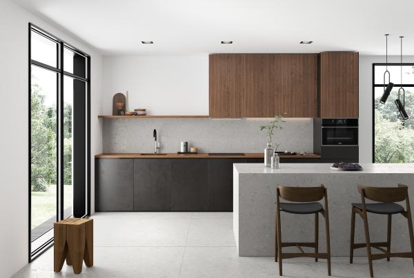 Tailored Modern Melamine Kitchen Cabinet Quartz Stone Island Table Wood Veneer