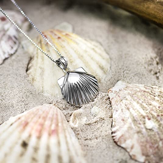 Sterling Silver High Polished Seashell Necklace Pendant with 18" Box Chain