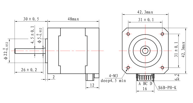【42SHD0438】1.8 deg 54Ncm (76.3oz.in) 1.68A 2.77V 42x42x48mm 4 wires Stepper Motor Nema 17 Bipolar