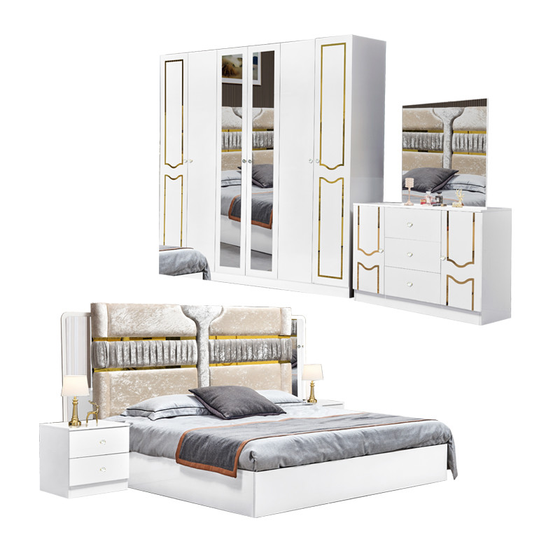High Gloss White Wooden Frame Double Bed Suite Luxury King Size Modern Design Mdf Full Set Bedroom Furniture