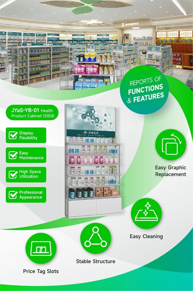 JYaS-YB-01 Professional Medical Style Health Supplement Cabinet with White Over-oiled Board and Aluminum Price Tag Slot